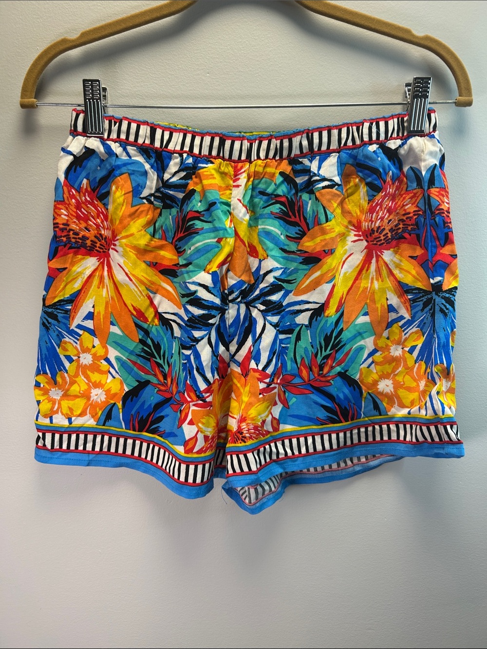 100% Rayon Multicolor Tropical Floral Shorts - Blue, Yellow, Orange